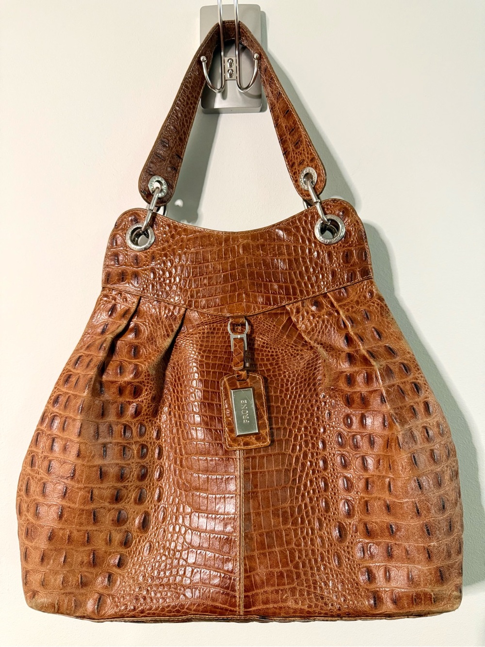 Prune Croc-Embossed Leather Hobo Tote Shoulder Bag Cognac Brown